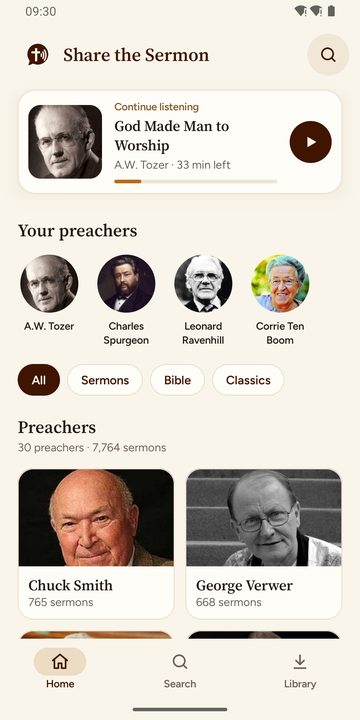 The Share the Sermon app's home screen